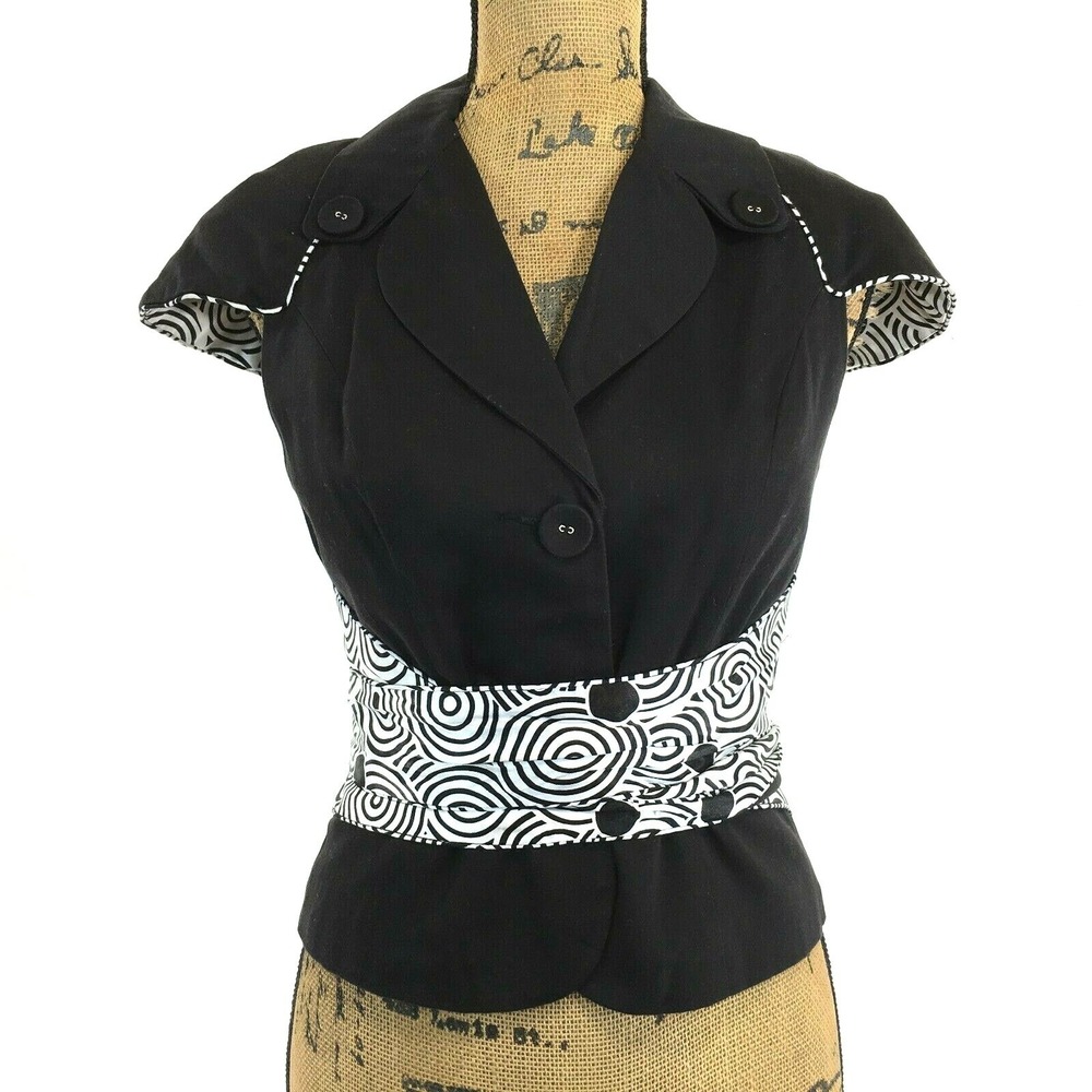 Cache Jacket 4 Black White Satin Open Back Cap Sl Empire Belt Blazer Unique